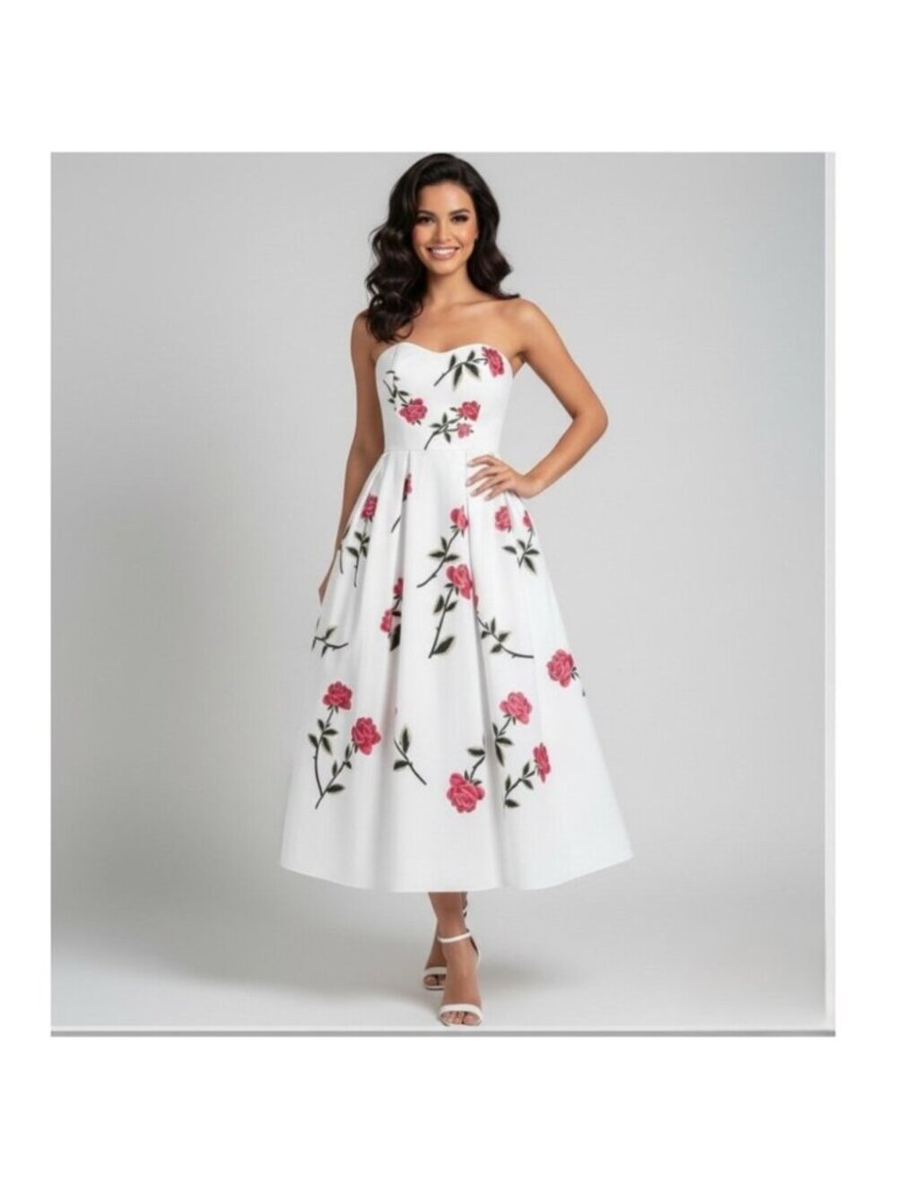 A-Line Floral Rose Printed Strapless Dress With Pockets White
